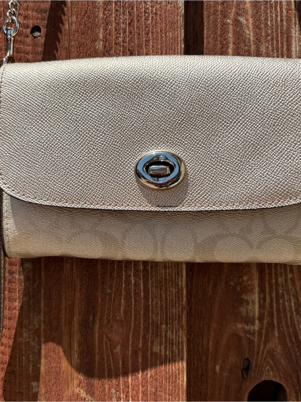 Coach Metallic Gold Signature Wallet Crossbody Turnlock Chain Clutch